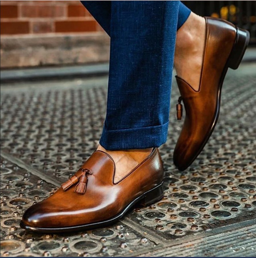 New Handmade Men Chaplin tassel loafer in brown, Cowhide Leather Tassel Loafer