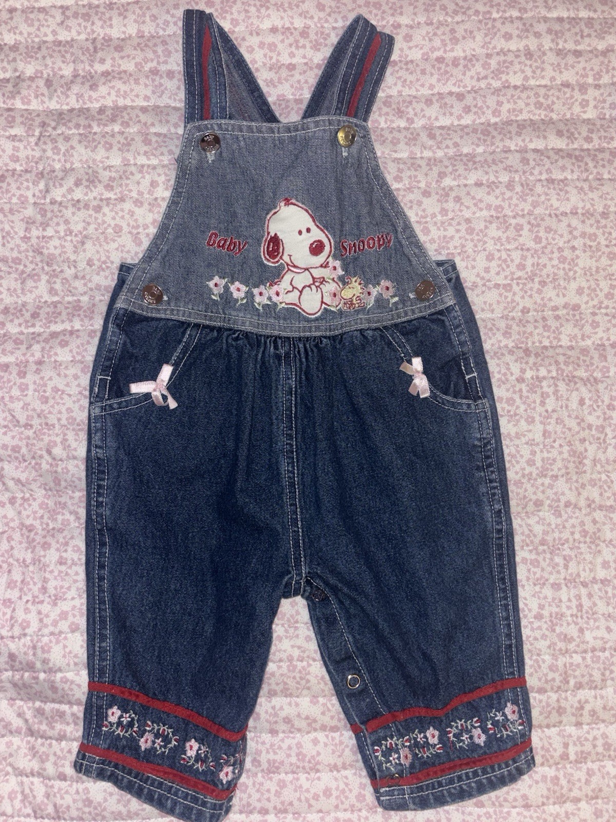 3-6M Blue Denim Overall One-Piece, Embroidered Snoopy & Woodstock, Pockets