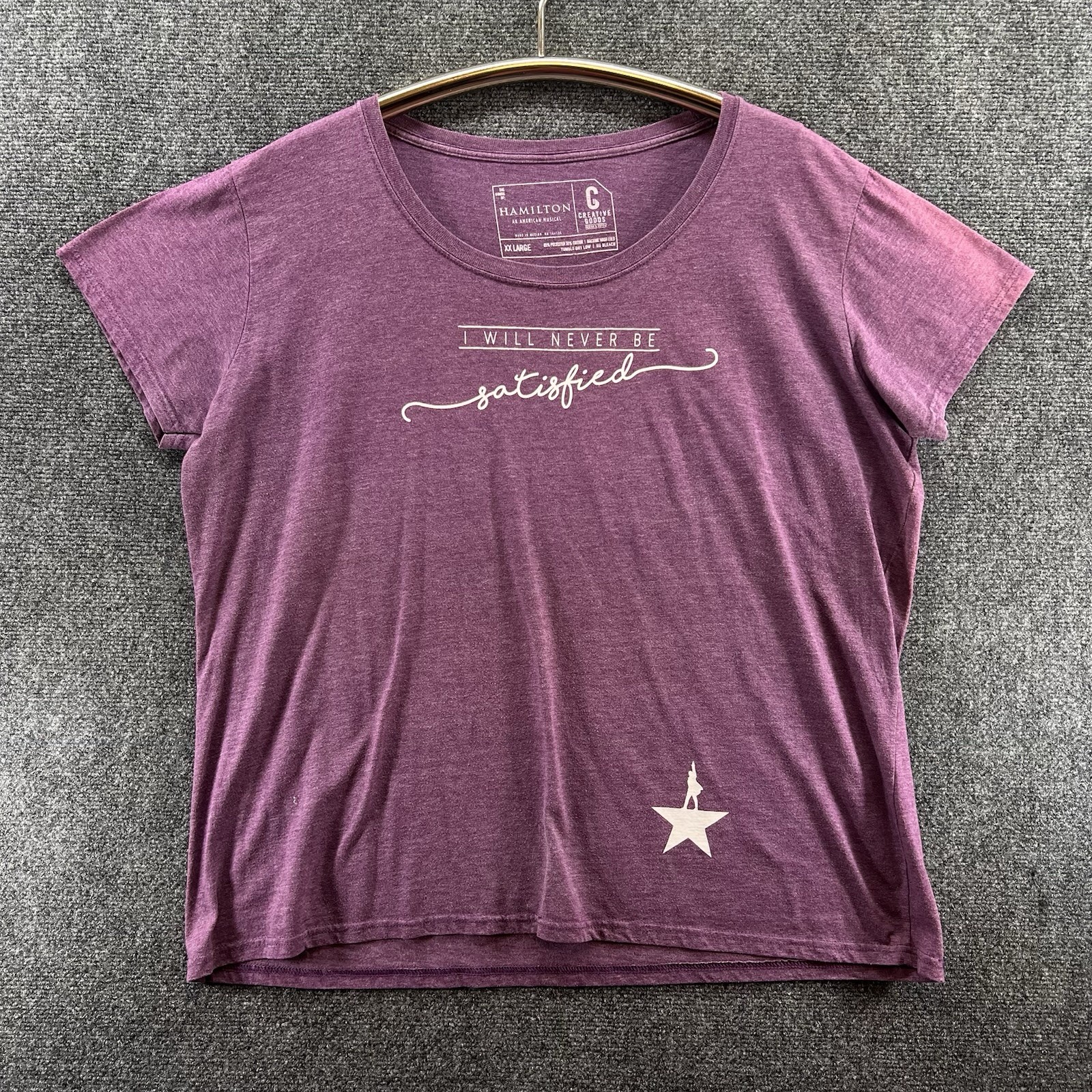 Hamilton Musical Graphic T-Shirt Womens 2XL ‘Never Be Satisfied’ Purple Official