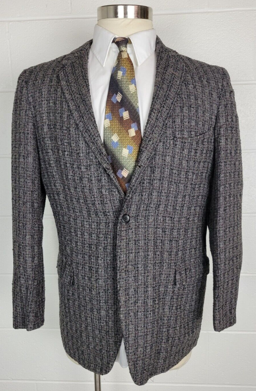 Vintage 50s Dobbshire Mid Century Atomic Fleck Tweed Sport Coat Gray Red 40?