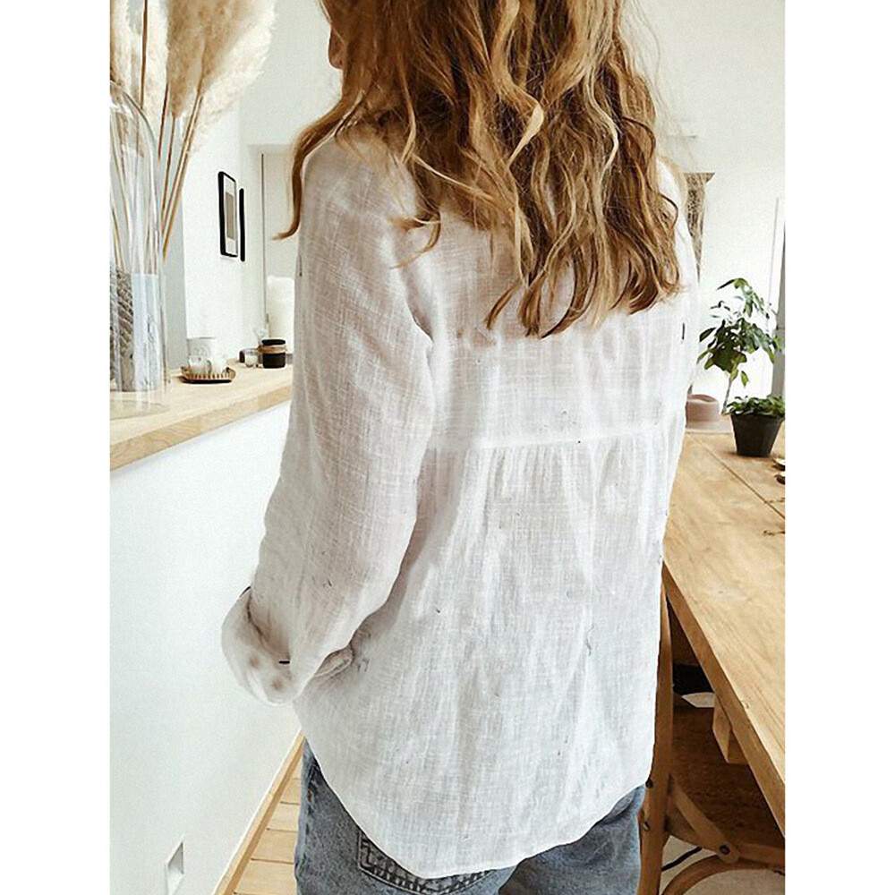 Women’s Long Sleeve Cotton Linen Shirt Elegant Casual Button Down Blouse Tops