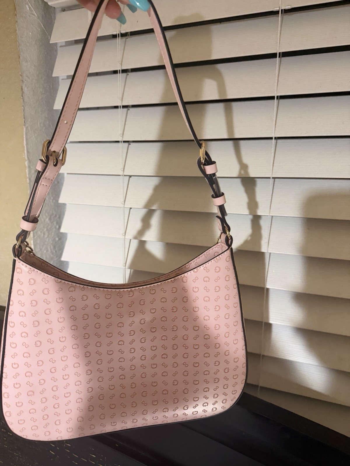 GUESS Pink Logo Print Shoulder Bag w/ Gold Chain, Detachable Strap