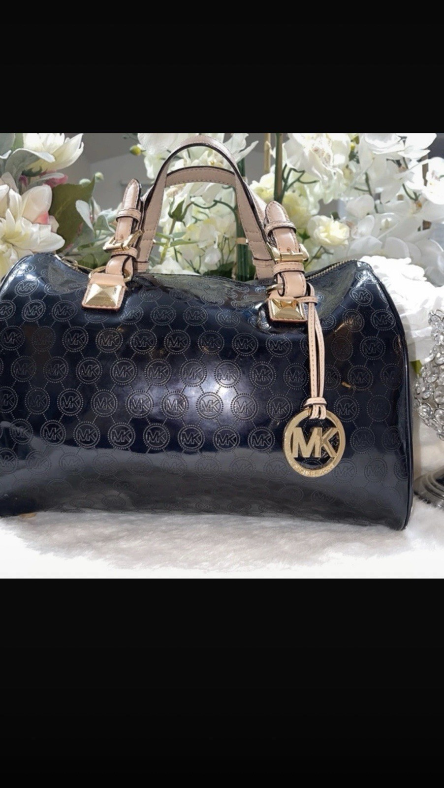 Michael Kors Black Beige Logo Satchel Zip Gold Hardware Charm Bottom Studs