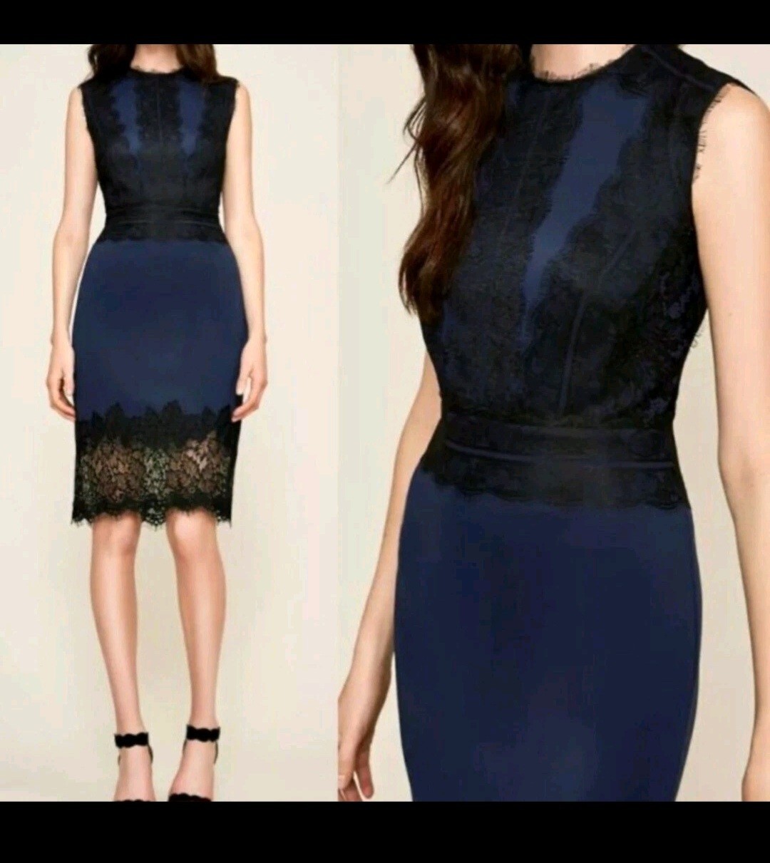 Tadashi Shoji Cocktail Dress Size 12 Neoprene Stretch Scuba Blue Black Lace Trim