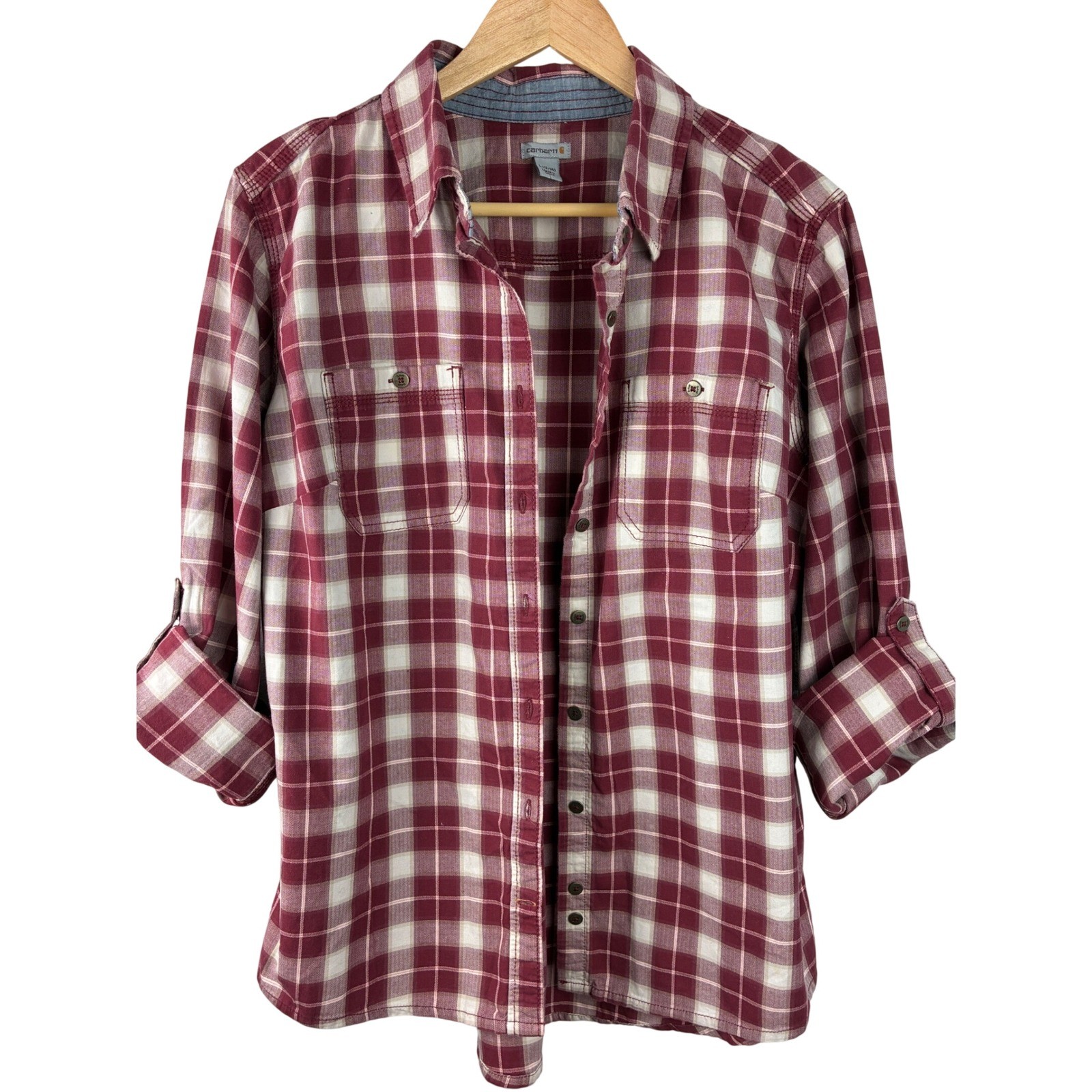 Carhartt Plaid Button Down Shirt Women’s Large Burgundy Cream Cotton Workwea