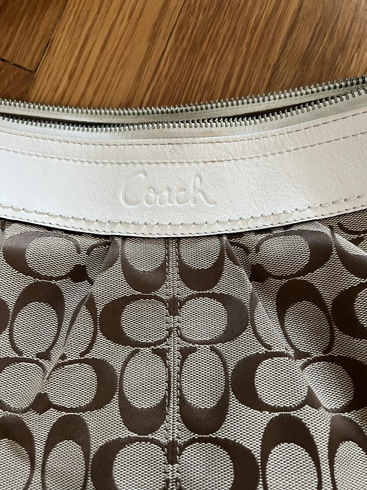 Coach Logo CC Monogram Luxury Handbag Tan White Shoulder Bag Hobo Style w Clutch