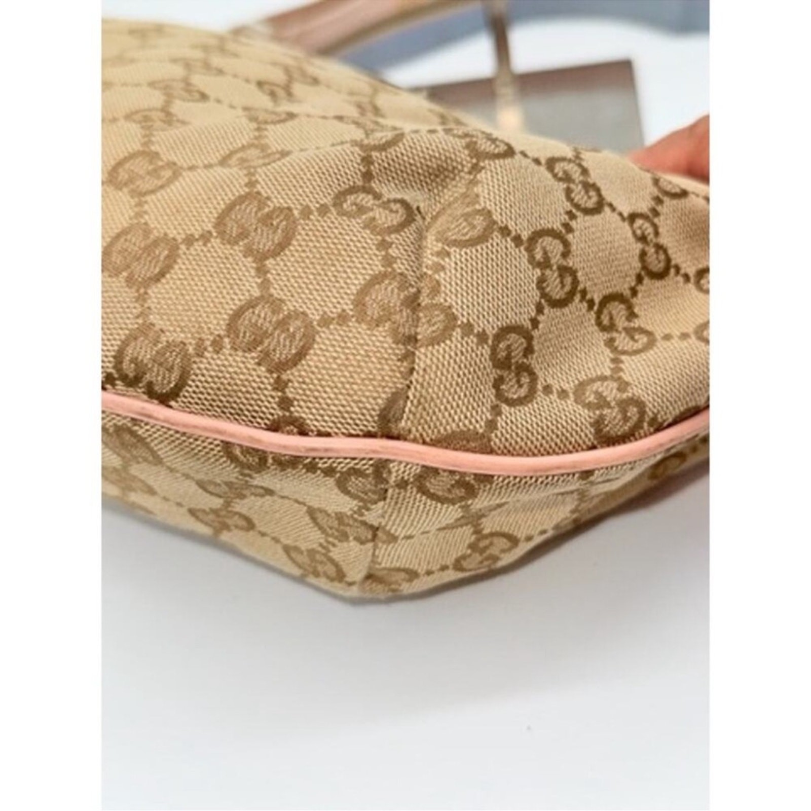 Gucci Monogram Web Medium Half Moon pastel Accents Canvas W/Leather trim.