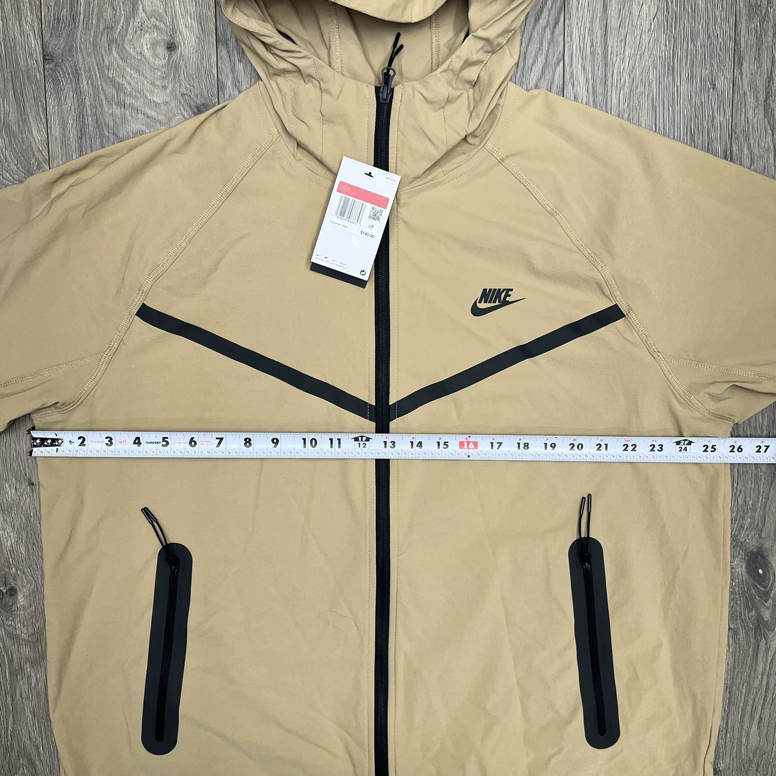 Nike Tech Woven Jacket Large Mens Parachute Beige Black Full Zip Hoodie $130