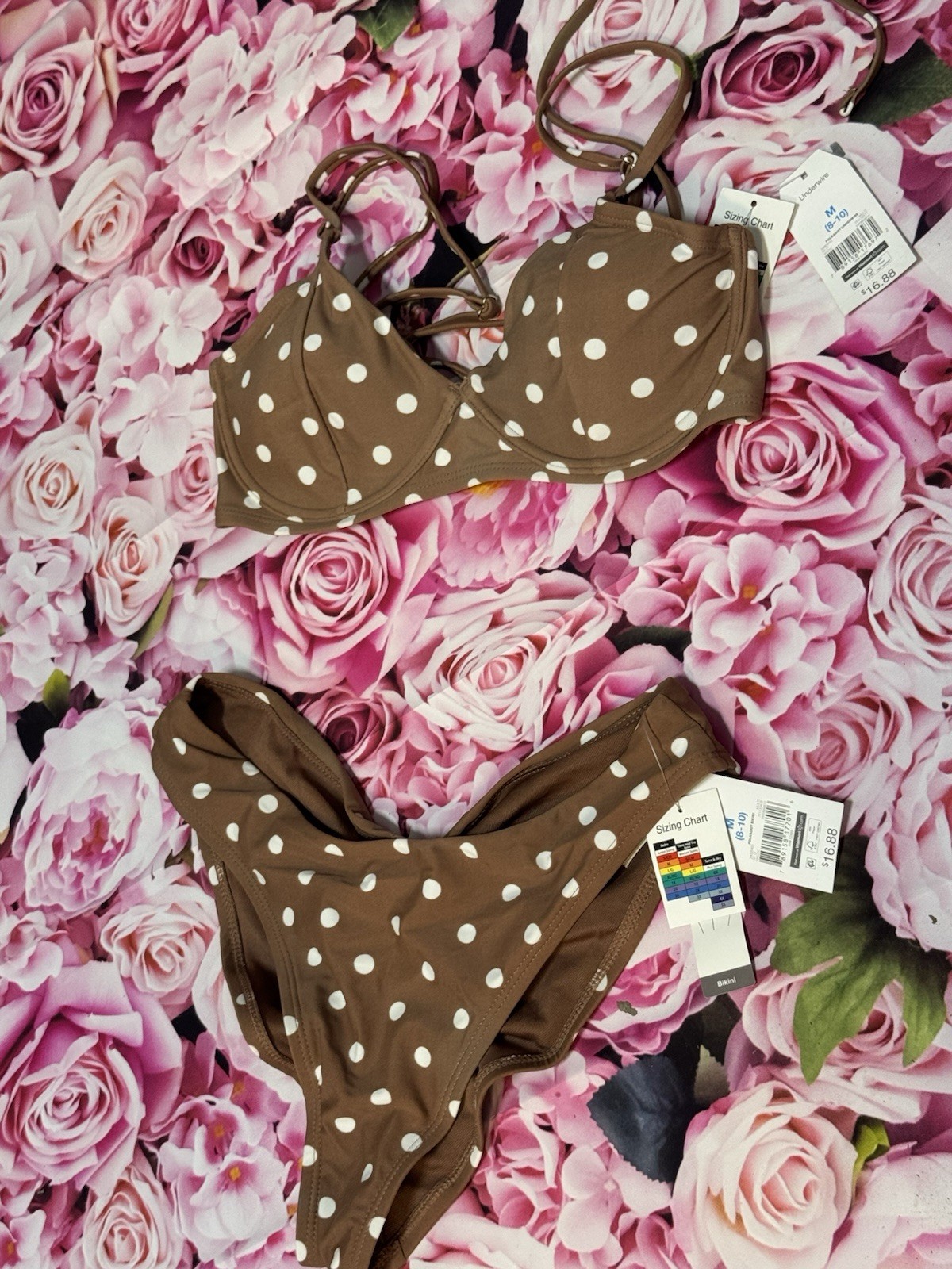 NWT Polka Dot Brown Two Piece Bikini Set Size Medium Swim Suit Swimwear