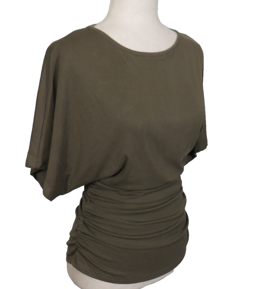 OGL Sandwashed Effortless Boatneck Batwing Sleeve Side Ruched Top Olive Size M