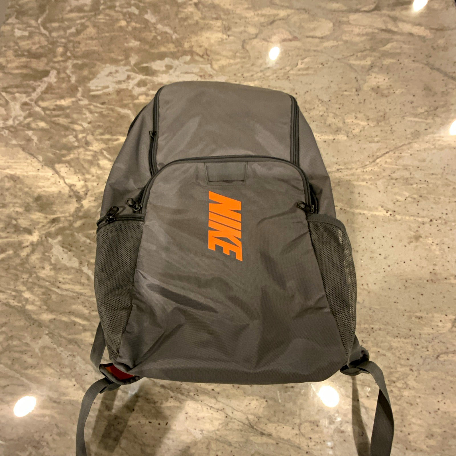 Nike Gray/Orange Zip Backpack Adjustable Straps Pockets Unisex Travel