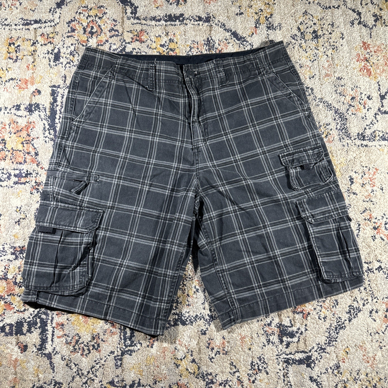 Vtg Faded Glory Men’s Plaid Cargo Shorts Size 38 Baggy Skate Y2K Gray 11.5 in