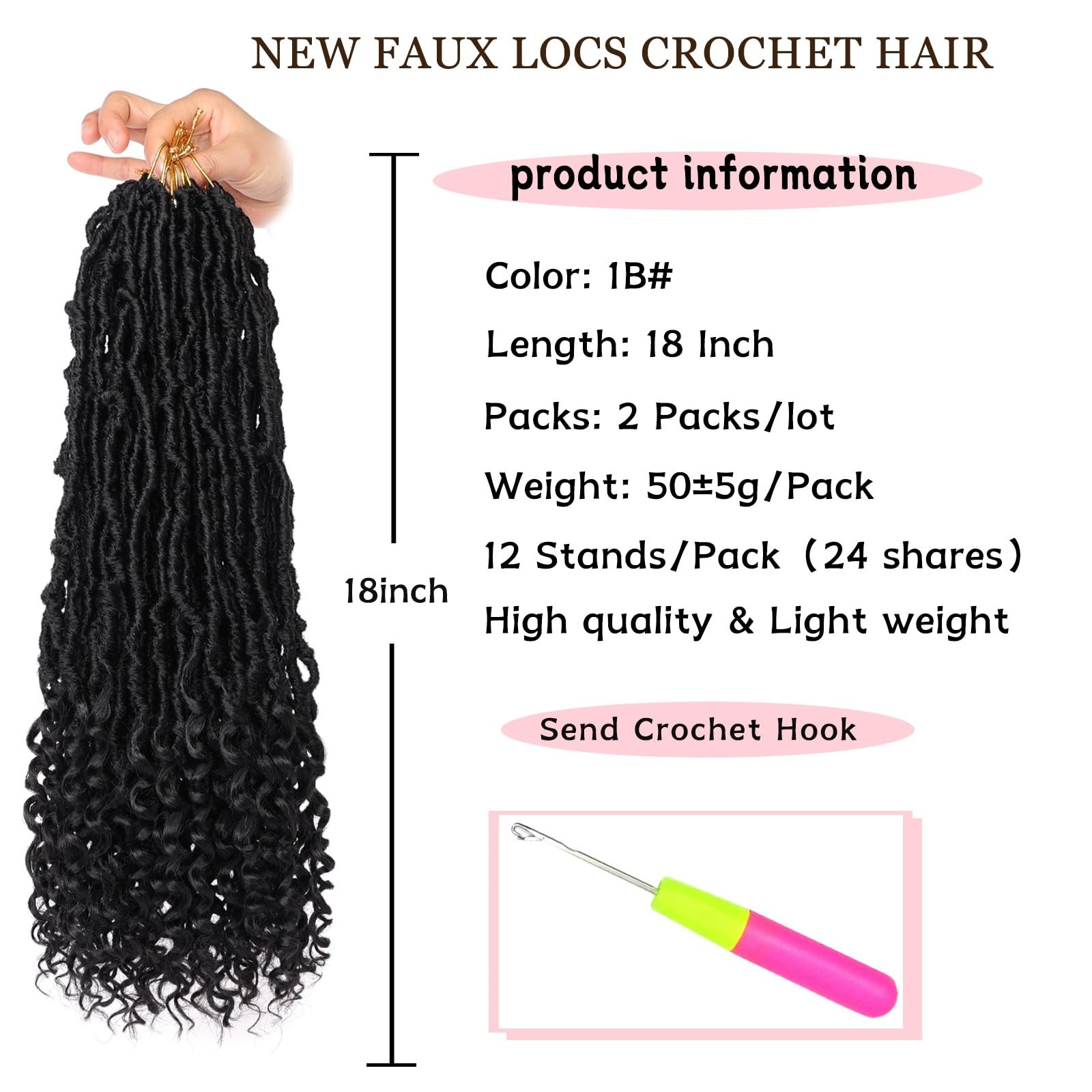 18 Inch Goddess Faux Locs Crochet Hair with Curly 18 (Pack of 2), 1B