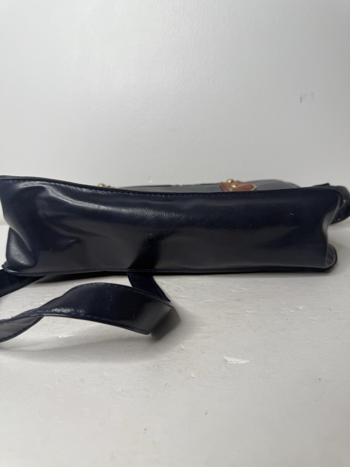 Ecosusi Faux Leather 2 Tone Dark Navy Blue Brown Messenger Bag with Bow & Handle