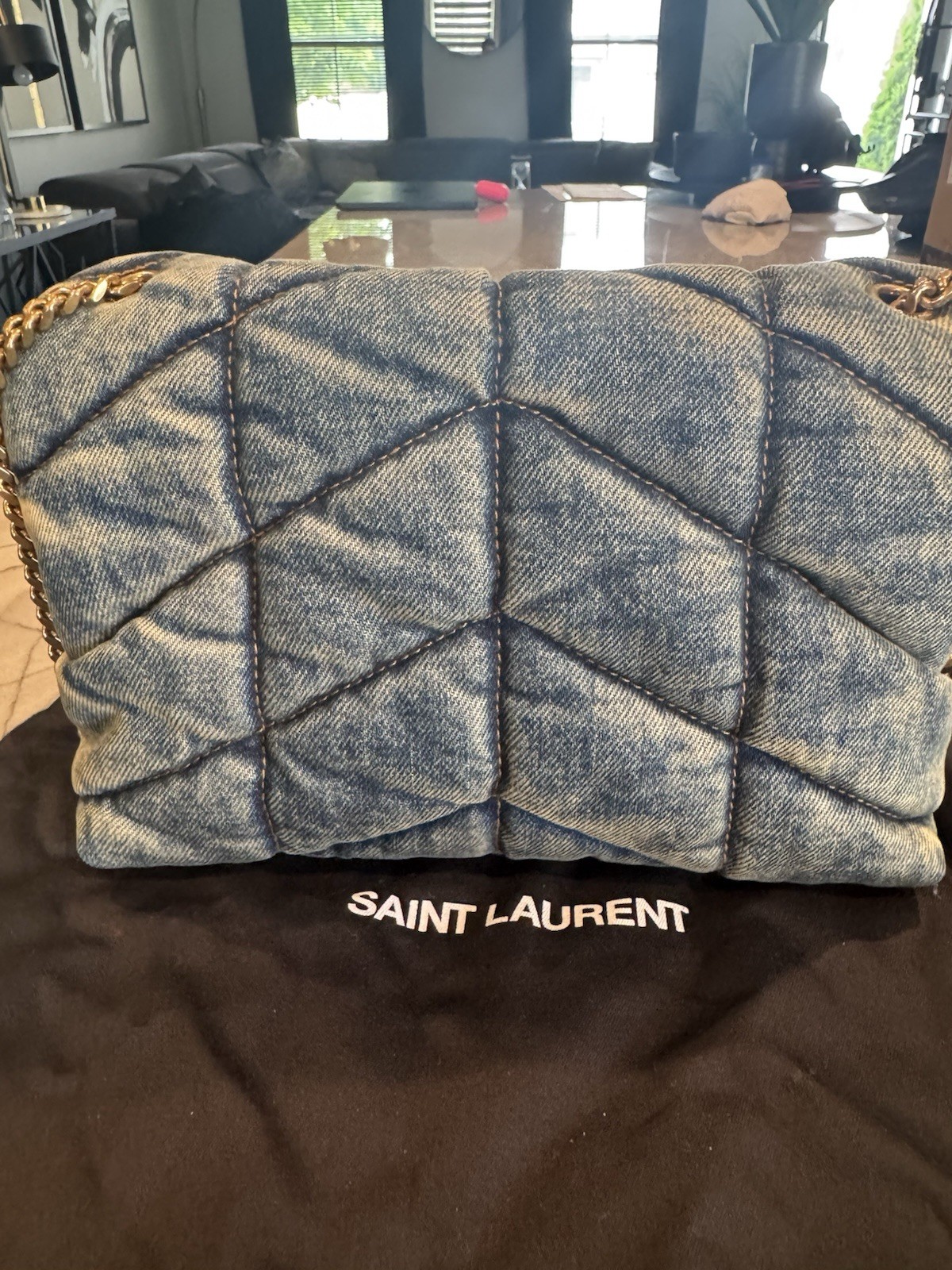Saint Laurent Denim Quilted Toy Loulou Puffer Monogram Chain Satchel Blue Black