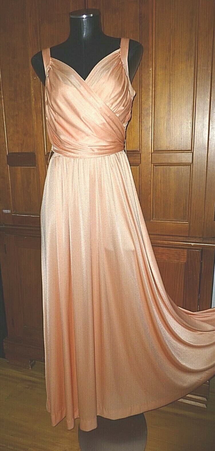 Vtg 70s Peach Silky Jersey Knit Grecian Boho Cocktail Evening Wedding maxi Dress