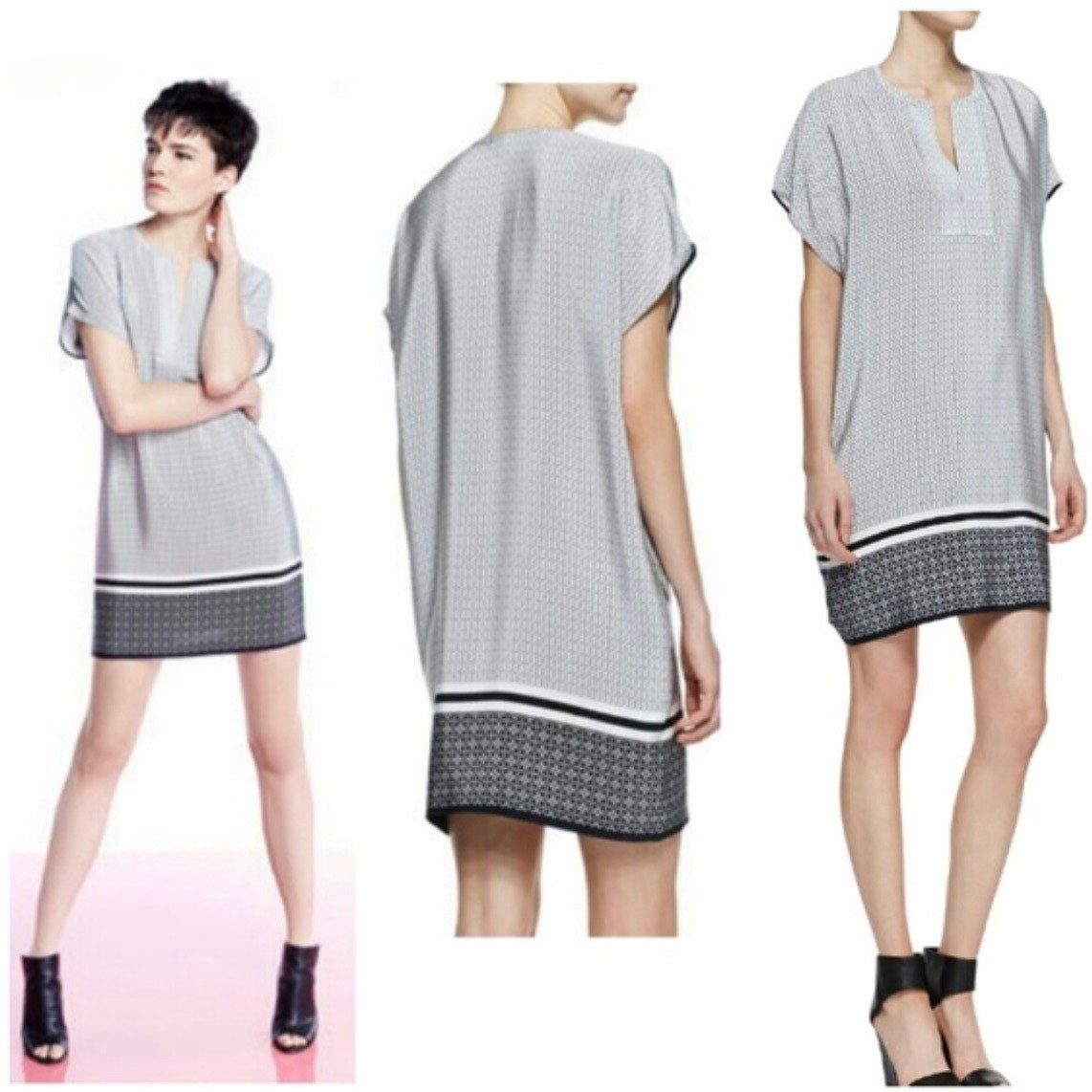 NEW Vince Silk Pockets Geo Trapunto Cap Sleeve Shift Tunic Dress Size Medium