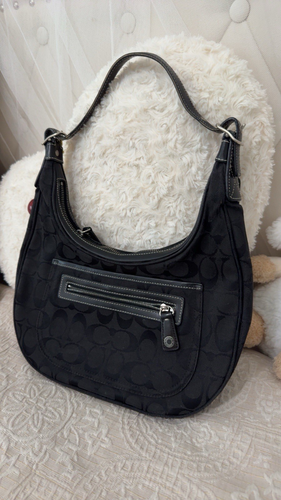 Coach Signature Black Crescent Shoulder Bag Silver Hardware