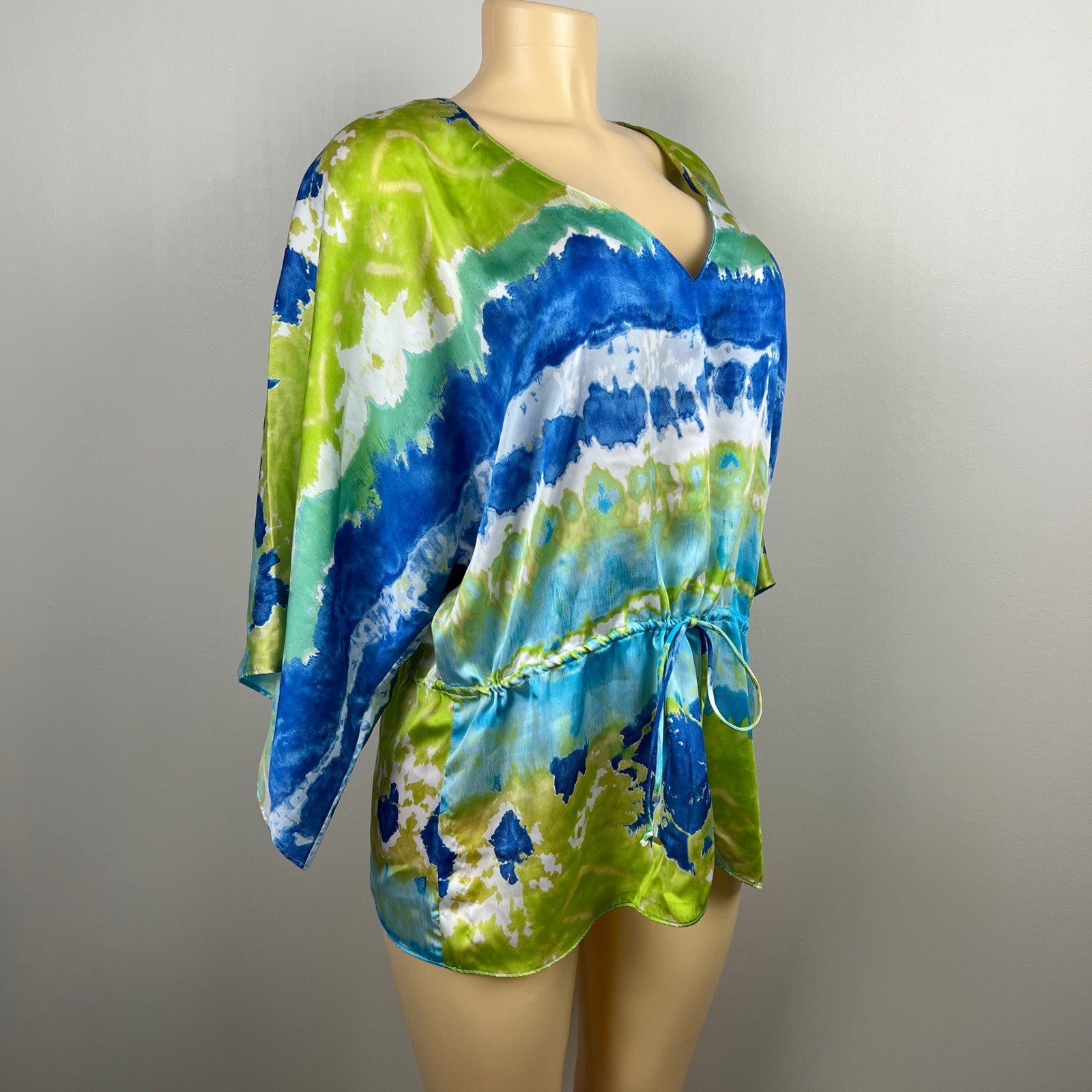 Flowing Tie Dye Kimono Top Women M Blue Green Drawstring Kaftan Boho Fairycory