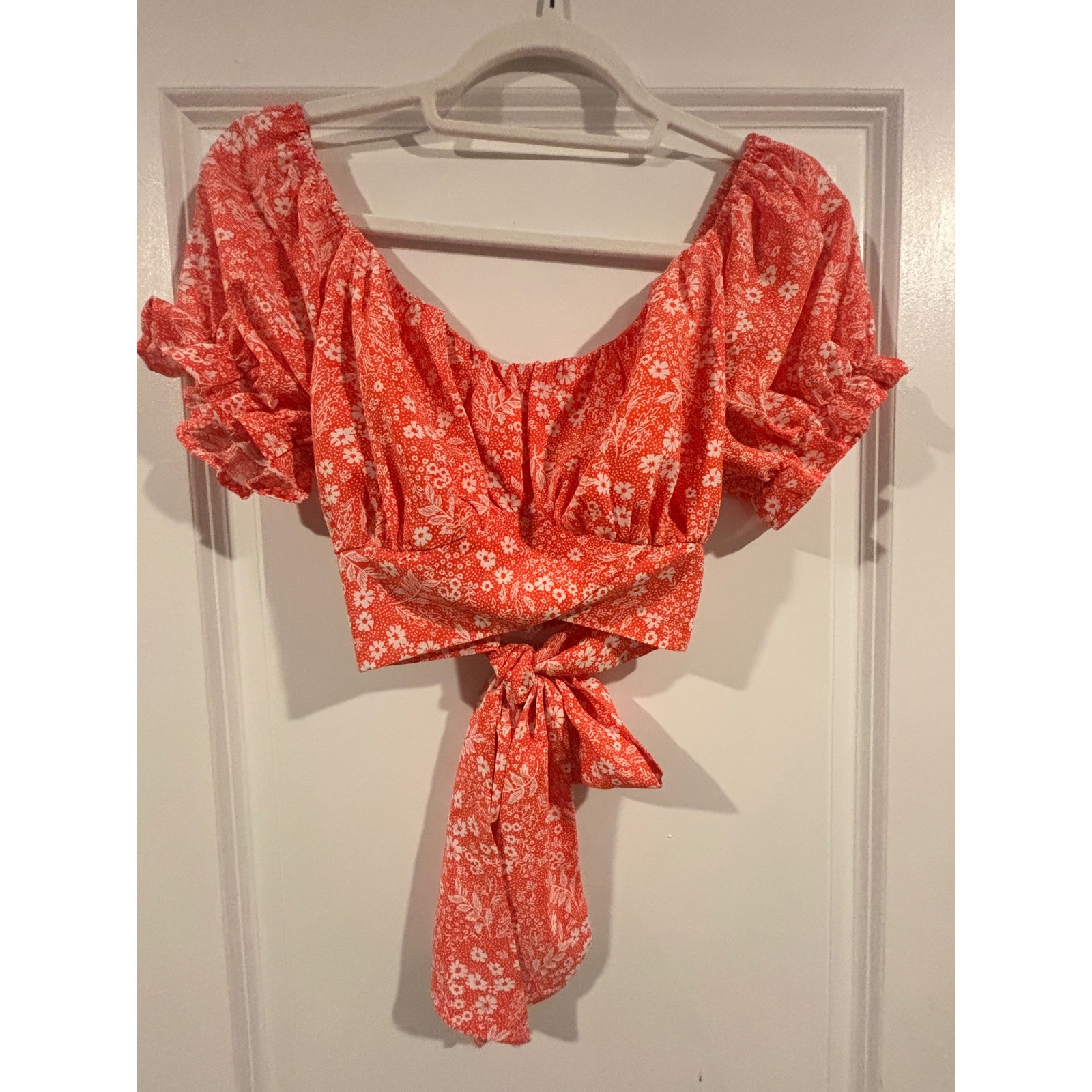 Endless Blu Red Floral Ditsy Tie Front Crop Top Puff Sleeve JT6130 Womens Large