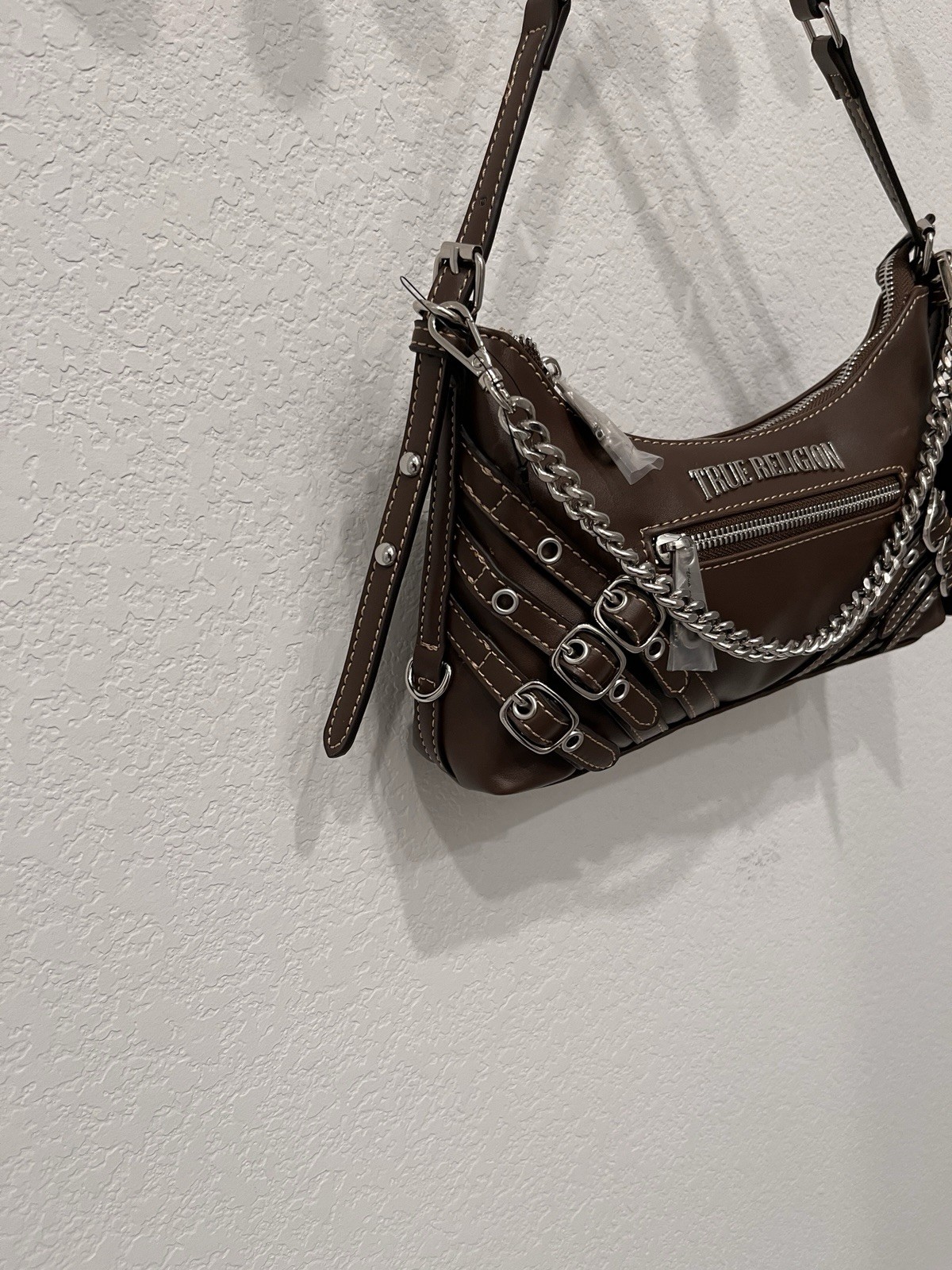 True Religion Brown Crescent Shoulder Bag Zip Chain & Buckle Accents Silver