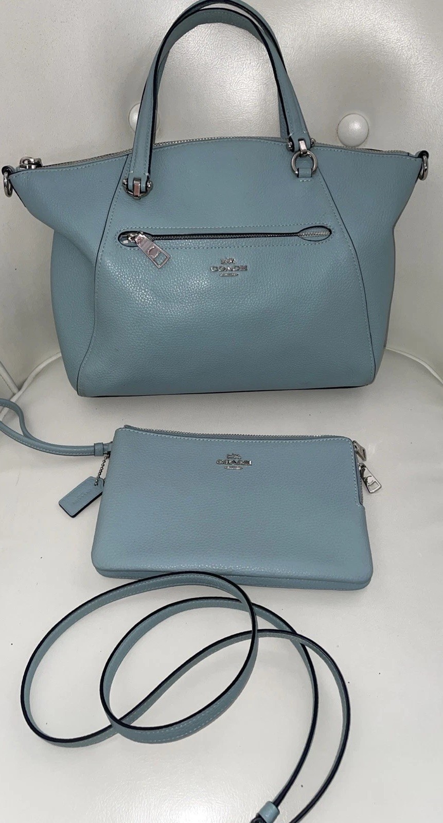 Coach Light Blue Prairie Satchel Top Handle Silver Hardware Strap Double Wallet