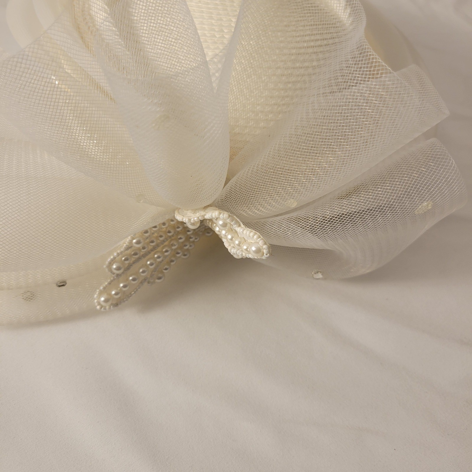 Mr. Hi’s Classic Pillbox Hat Women Ivory White Pearl Butterfly Mesh Bow Tulle
