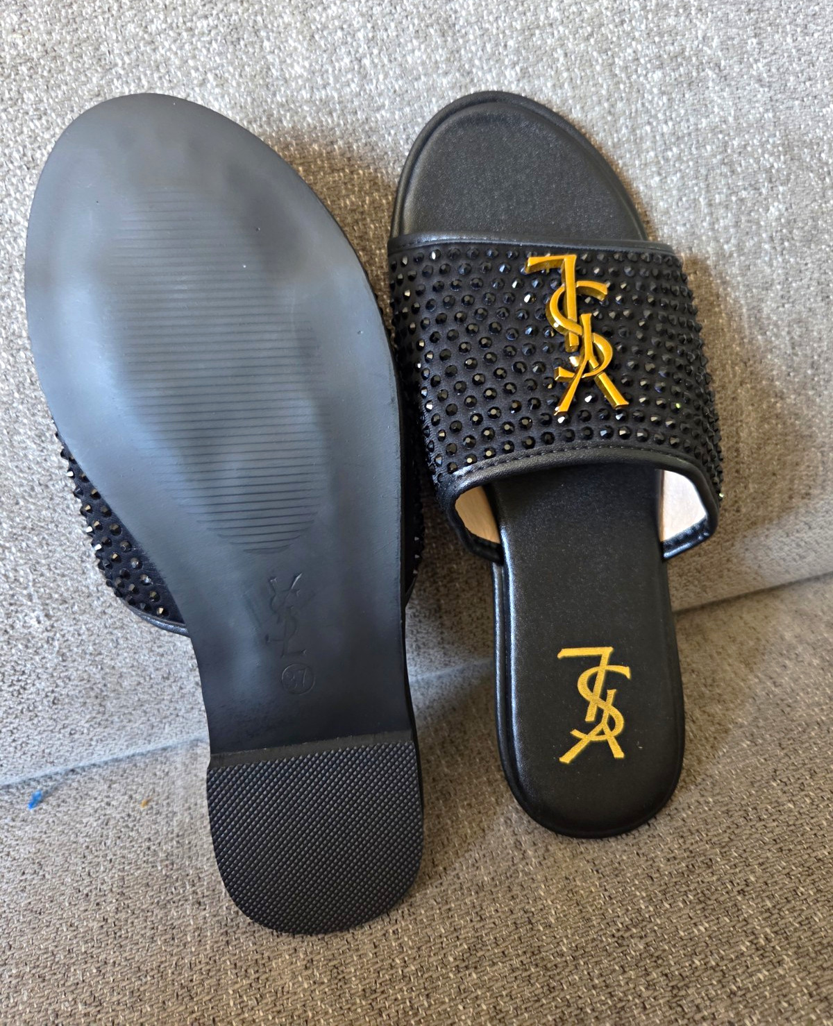 Saint Laurent Black Suede Flat Slide Sandals Women’s US 7 EU 37 Logo Studded