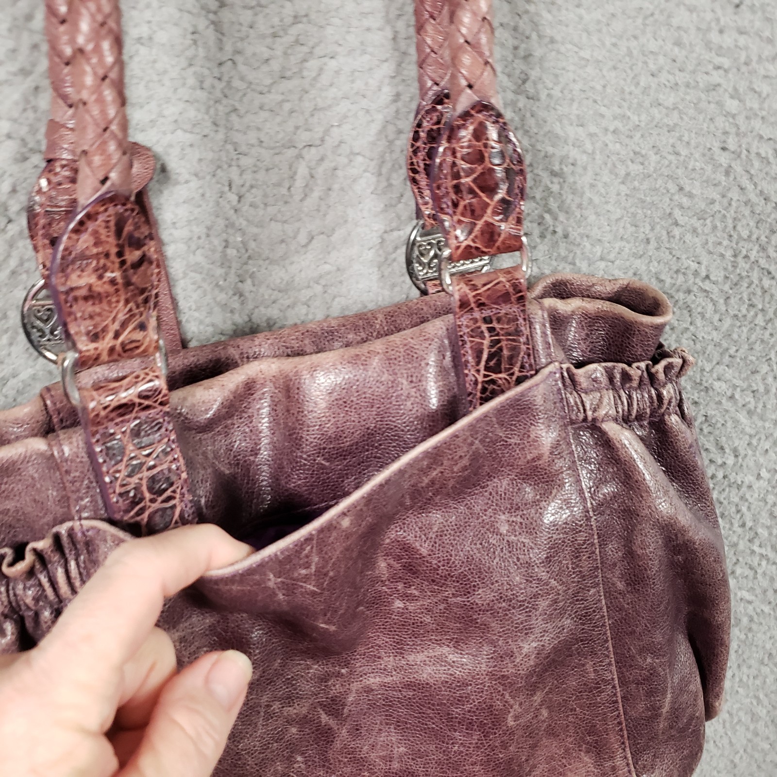 Brighton Purple Distressed Leather Shoulder Bag Pleat Elastic Pockets Heart Rare