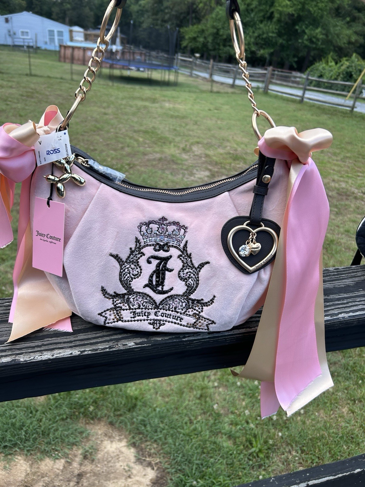 Juicy Couture Need More Juicy Pink Clay Velour Hobo Bag with Custom Gothic Crest