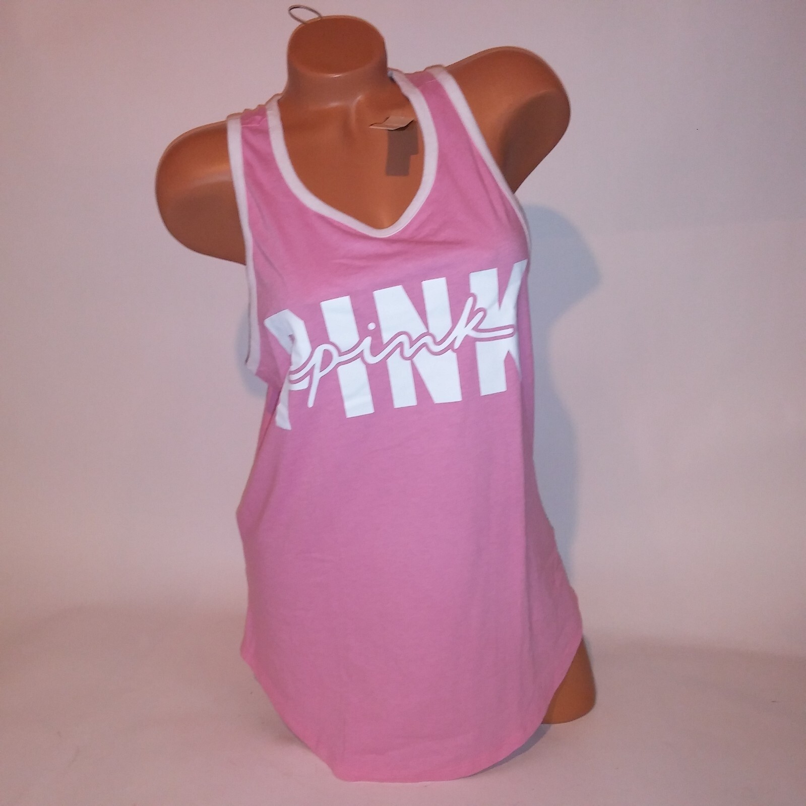 Victoria Secret PINK Tank Top Pink White Logo Racerback Sleeveless