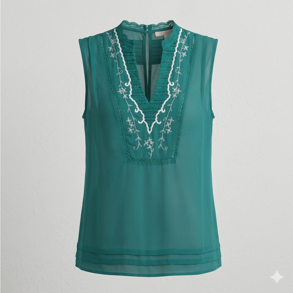 Hinge Teal Embroidered Lace Inset Sleeveless Blouse – Medium