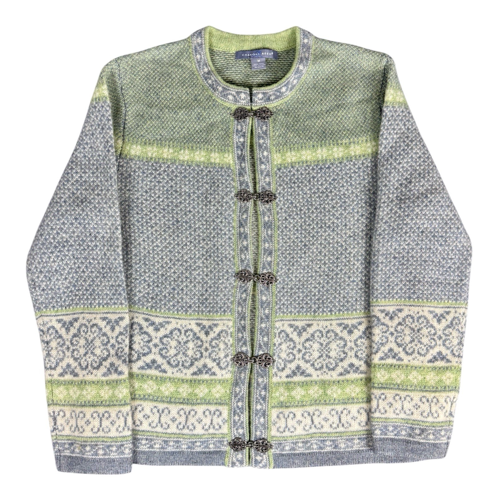 Carroll Reed Fair Isle Wool Cardigan Sweater Women’s M Green Gray Clasp Nordic
