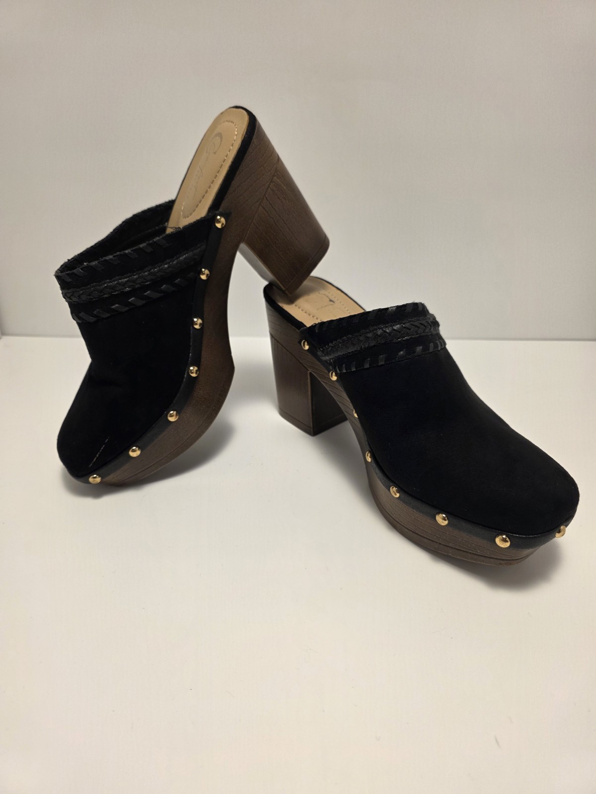 J Crew Faux Suede Clogs Mule Braided Strap Studded Wood Heel – Size 9m