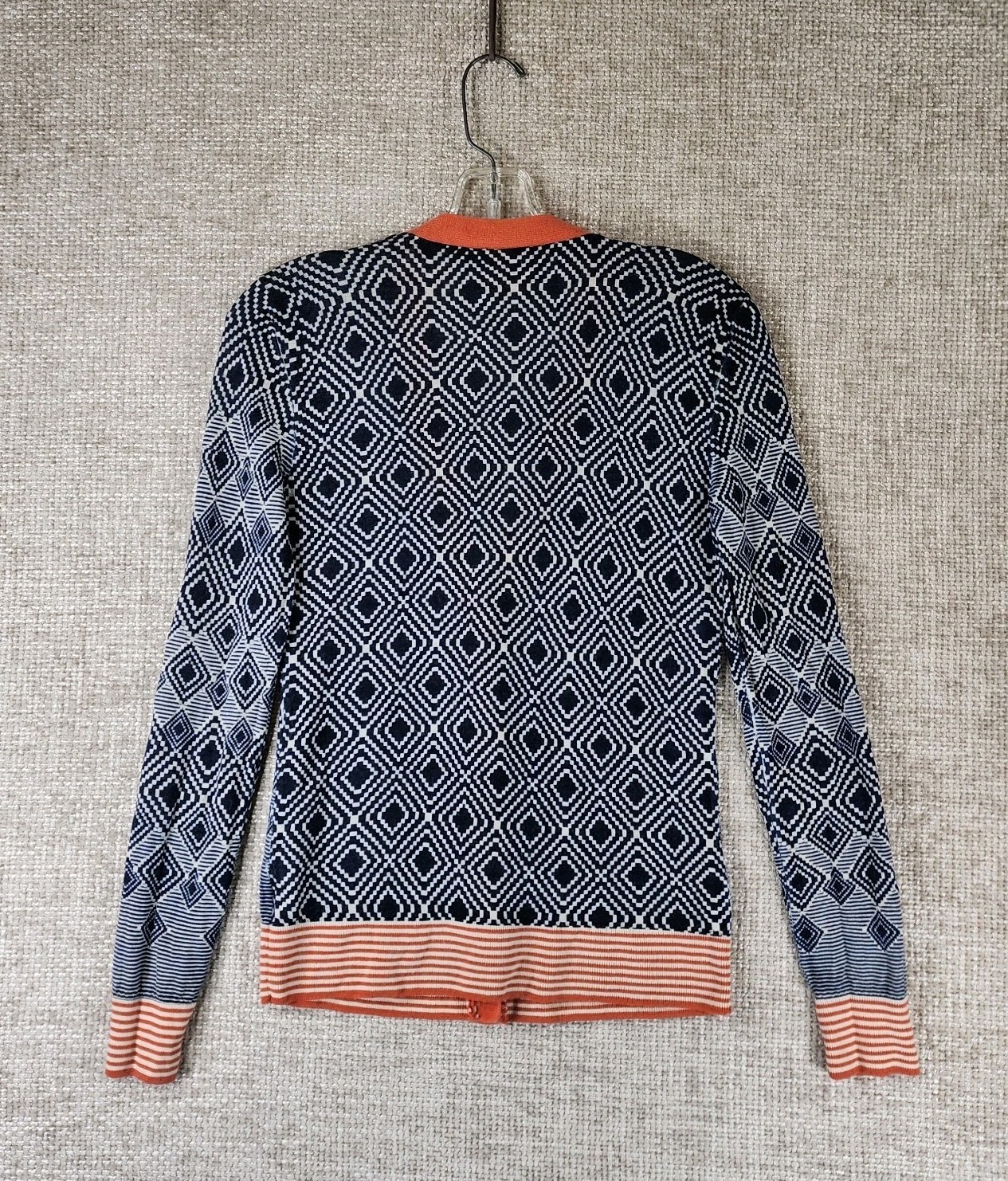 Tory Burch 100% Wool Geometric Print Cardigan Sweater Womens *XS-S Navy Chest 30