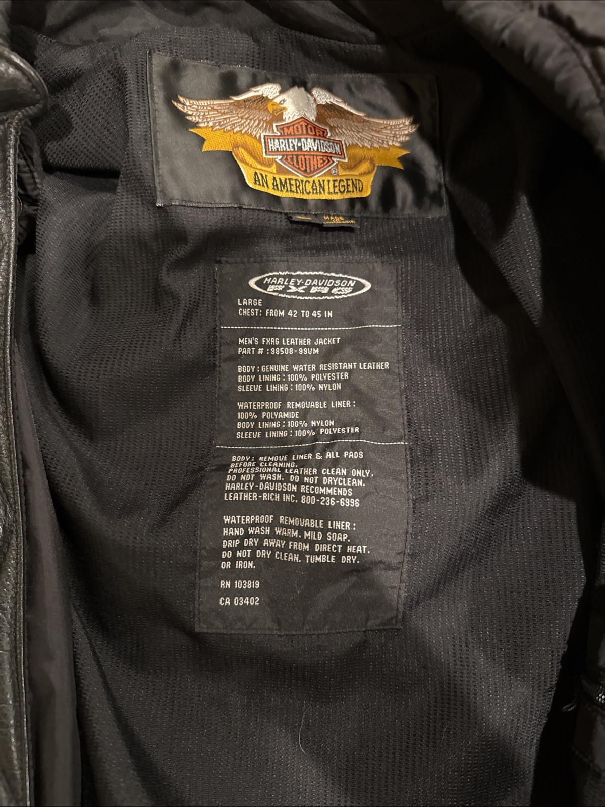 Harley Davidson FXRG Jacket Black Leather Men’s 98508-99VM Size Large w/ Liner