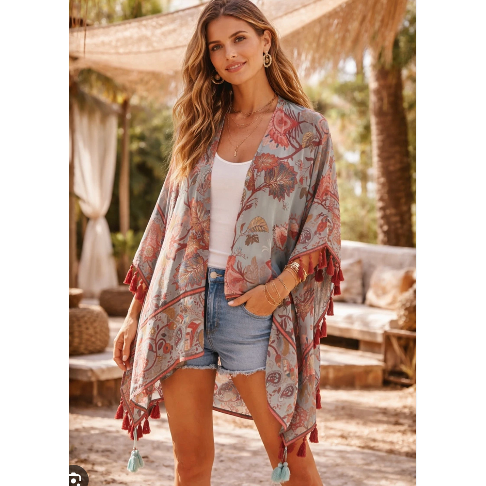 Soft Surroundings Kimono Womens S/M Blue Multi Esme Topper Tassel Boho Floral