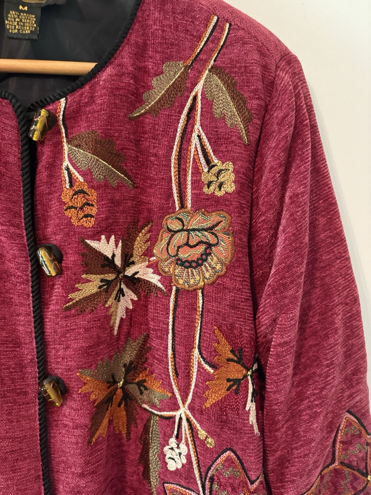 Vintage Alex Kim Womens Jacket Medium Embroidered Toggle Button Up Artsy Boho