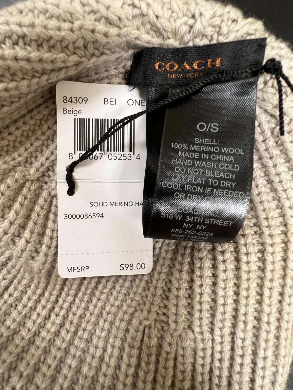 Coach Beanie Cap Hat, Solid Merino Wool Knit Slouch Winter Hat, 84309 MSRP $98