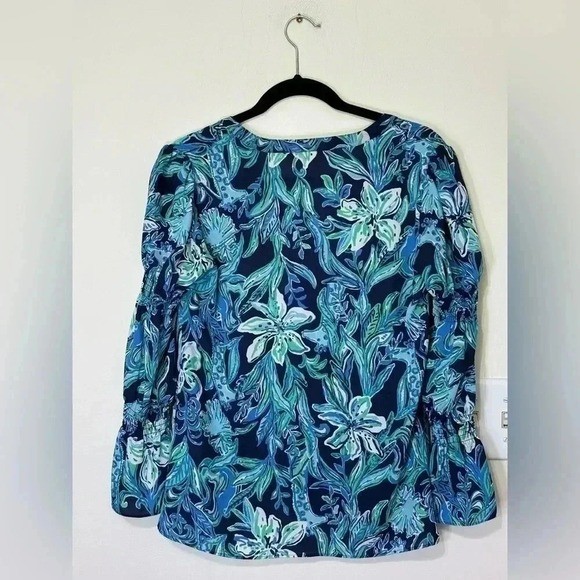 Lilly Pulitzer Maritza Floral Blouse Teal Blue Green Button Front Long Sleeve