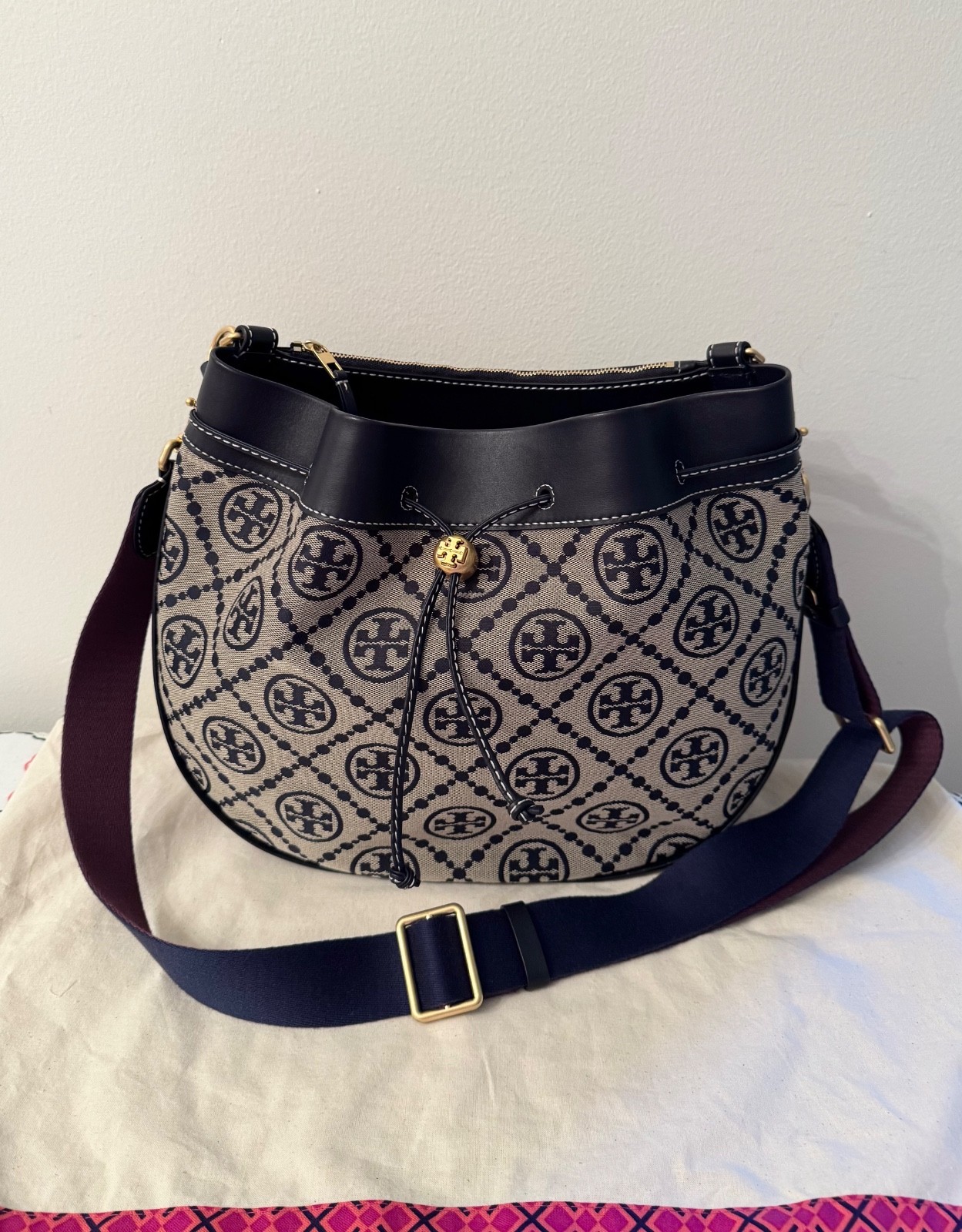 Tory Burch T Monogram Jacquard Drawstring Hobo Bag with matching Wallet