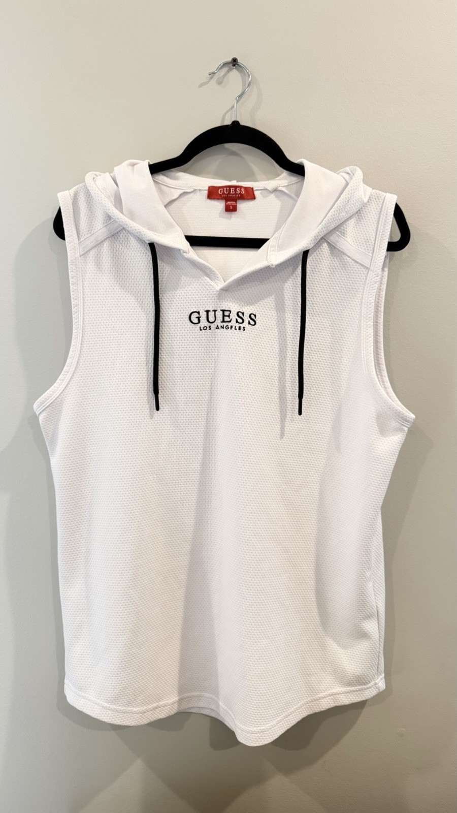 GUESS Men’s S White Sleeveless Pullover Mesh Hoodie Logo Drawstring