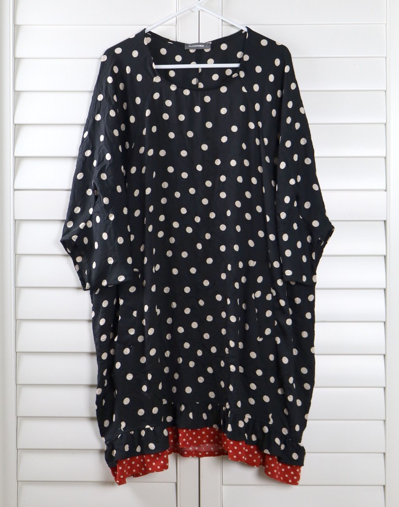 ALEMBIKA $235 Crinkle Polka Dot Ruffle Contrast Hem Dolman Dress Size XL