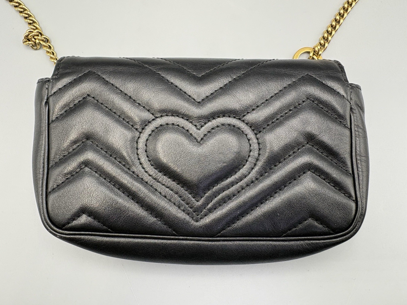 GUCCI GG Marmont Super Mini Chain Shoulder Bag Black Quilted Leather Purse