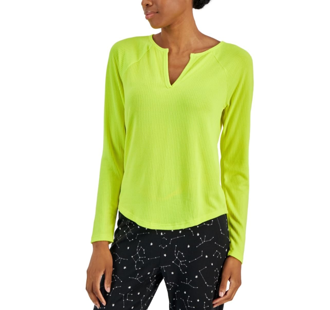 Jenni Women’s Split-Neck Soft Pajama Sleep Lounge Comfy Top Electric Yellow New