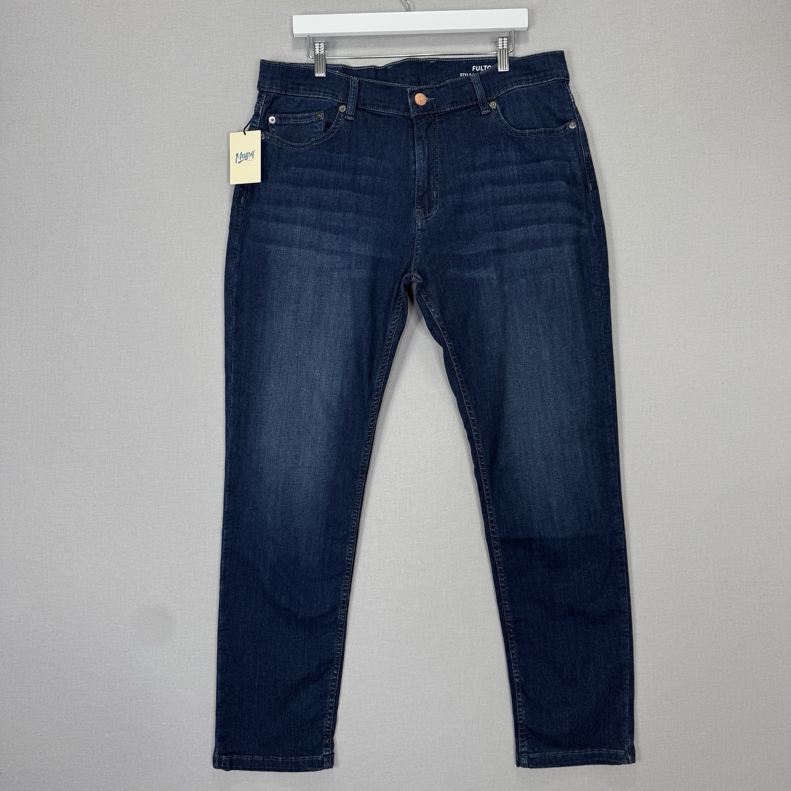 Mugsy Fultons Jeans Mens 38×32 Blue Classic Straight Stretch Dark Wash Denim