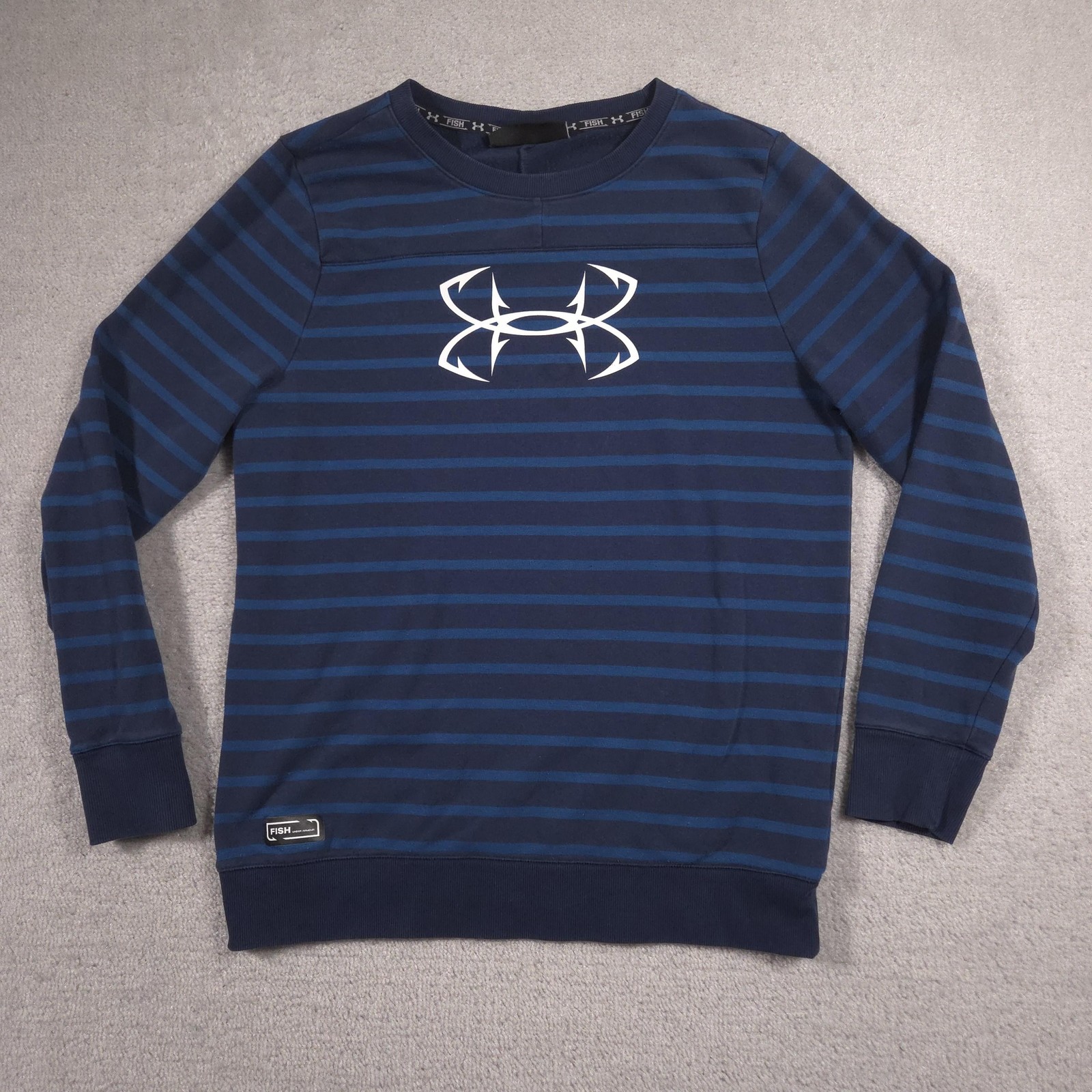 Under Armour Fish Sweatshirt Mens Large Blue Striped Pullover Logo Outdoor