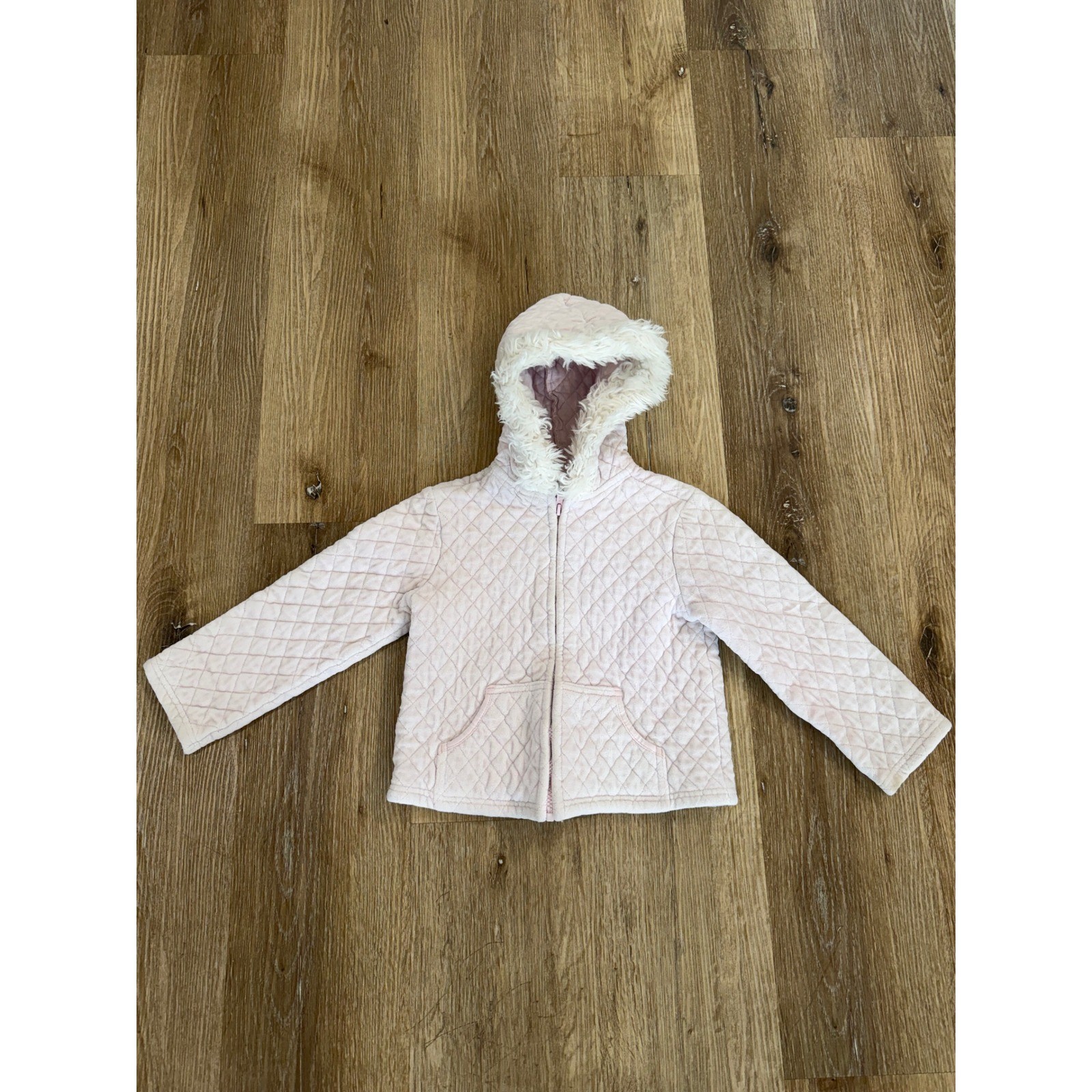 Gymboree Quilted Faux Fur Trim Zip Hoodie Kids Size S 5-6 Pink Hooded Jacket