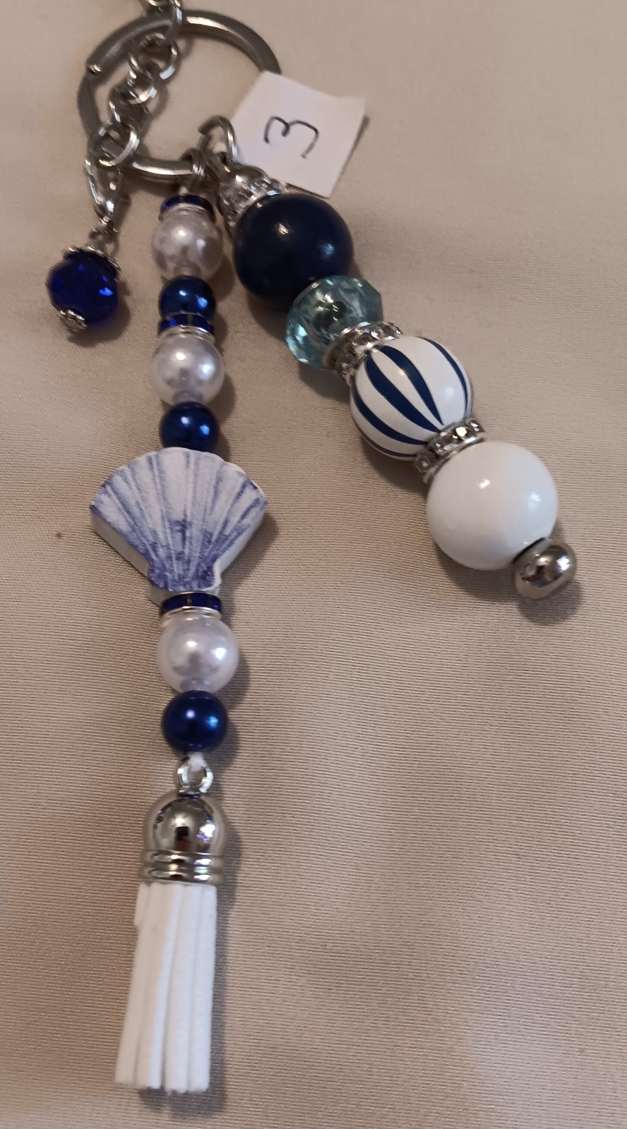 Handmade Beaded Silver, White and Blue Seashell Key Chain, Bookbag Clip or Purse