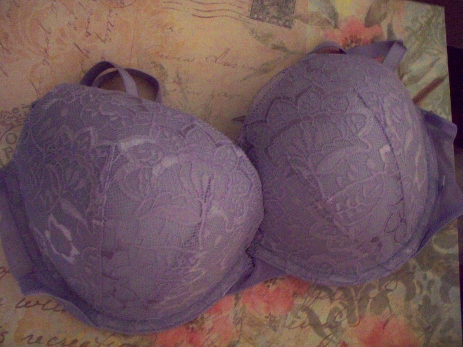 38C Lavender Lilac Floral LACE w Mesh Wings Victorias Secret Plunge PU UW Bra